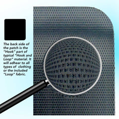 The back side of the patch is "hook" material able to attach to clothing, knit and loop fabric and sports braces.