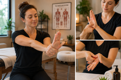 Massage therapist woman in a black shirt performing wrist massage stretches in a spa or treatment room. 